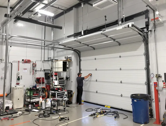 Somers Garage Door Repair certified technician performing commercial door repair at a Somers business facility