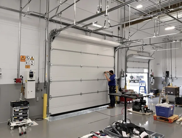 Commercial garage door repair being performed by Somers Garage Door Repair expert in Somers