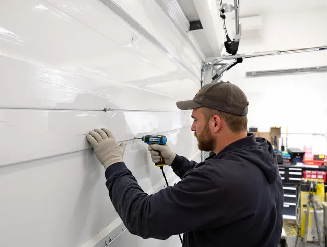 Somers Garage Door Repair technician demonstrating precision dent removal techniques on a Somers garage door