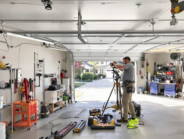 Somers Garage Door Repair specialist performing laser-guided track alignment in Somers